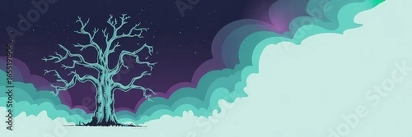 Fototapeta Vector surreal teal gnarld tree reaching branches —starry navy night & layere turquoise‑purple clouds —wide panoramic Halloween &autumn banner mint copy spce, spooky gothic social mdia header/p