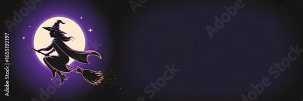 Fototapeta Halloween Witch Silhouette Vector — Flying Broomstik Pointed Hat & Cape, FullPale Yellow Moon Purple-toBlack Gradient, Sparkle Tril, Left-Aligned Subject Rght-Side Copy Space — Web  Print Banner
