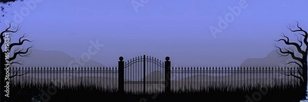 Fototapeta Panoramic Vector — Gothic Ornate Wrought‑Iron Gate & Spiked Fence Silhouette Dead Trees Tall Grass | Purple‑Blue Twilight Gradient Halloween Banner Background / Haunted House Flyer Template (Centered,