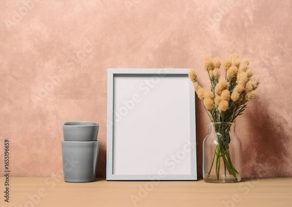 Fototapeta blank frame mockup with flowers on wooden table