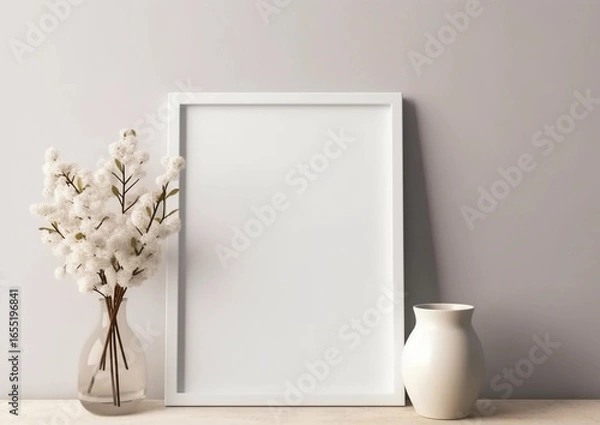 Fototapeta blank frame mockup with flowers on wooden table