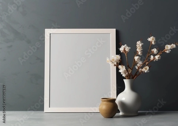 Fototapeta blank modern frame mockup with flowers on wooden table