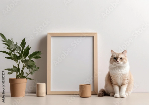 Fototapeta blank modern frame mockup with a cat sitting next by