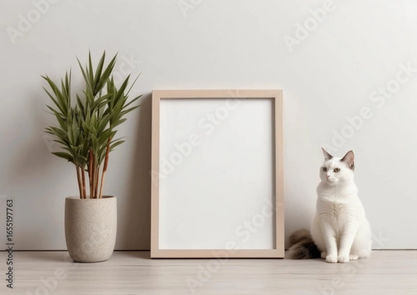 Fototapeta blank modern frame mockup with a cat sitting next by