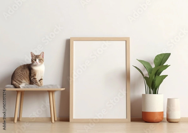 Fototapeta blank modern frame mockup with a cat sitting next by