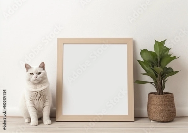 Fototapeta blank modern frame mockup with a cat sitting next by