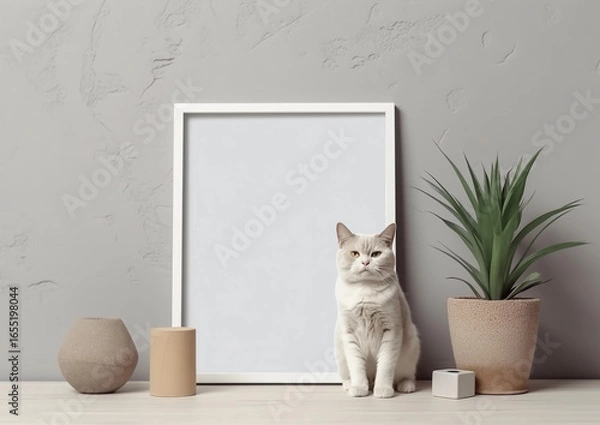 Fototapeta blank modern frame mockup with a cat sitting next by