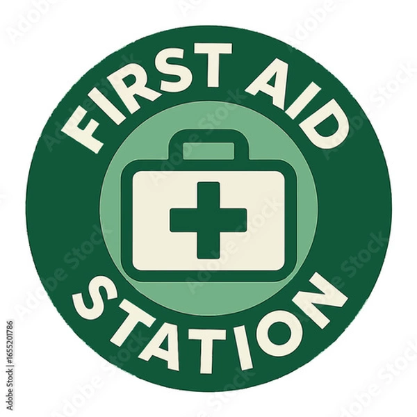 Fototapeta A clear first aid station sign, featuring a cross symbol, indicates health and safety. Modern flat vector sticker label with icon and badge style, transparent background