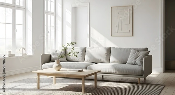 Fototapeta Minimalist Scandinavian Living Room Interior with Sofa and Coffee Table