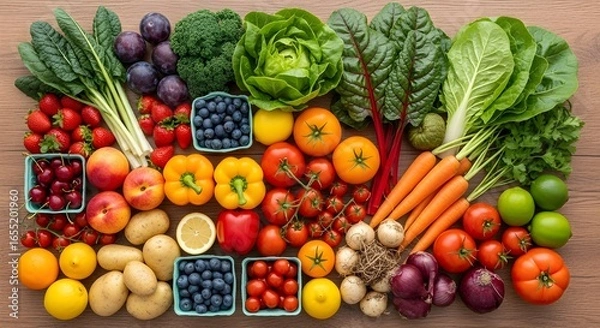 Fototapeta Flat Lay of Fresh Fruits and Vegetables on Wooden Table