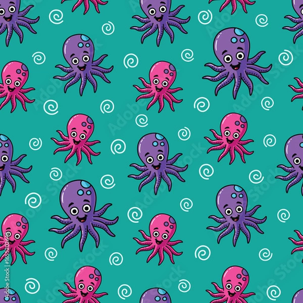 Fototapeta Seamless Vector Cartoon Hand Drawn Happy Octopus Pattern Design In Turquoise Background