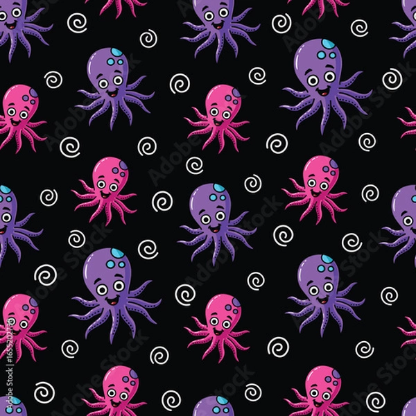 Fototapeta Seamless Vector Cartoon Hand Drawn Happy Octopus Pattern Design In Black Background