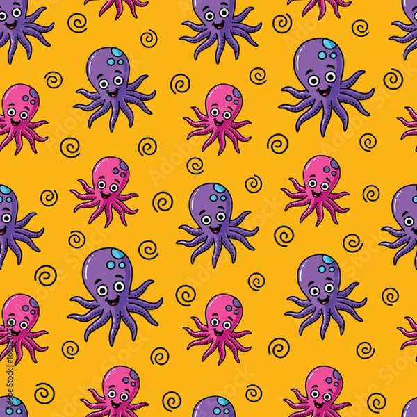 Fototapeta Seamless Vector Cartoon Hand Drawn Happy Octopus Pattern Design In Yellow Background