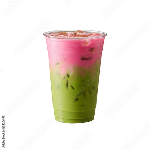Fototapeta Refreshing Pink and Green Matcha Latte in Plastic Cup with Ice