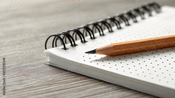 Fototapeta macro shot of blank notebook corner paired with simple pencil on light wooden desktop, minimalist modern composition
