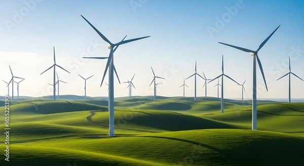Fototapeta Wind Turbines on Green Hillside under Blue Sky