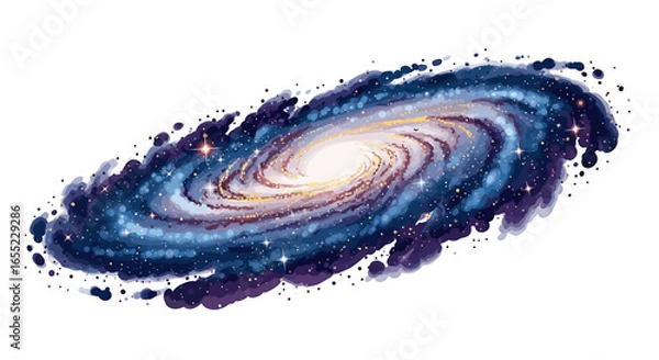 Fototapeta Illustration of a spiral galaxy with a bright center and swirling arms filled with stars and cosmic dust on transparent background