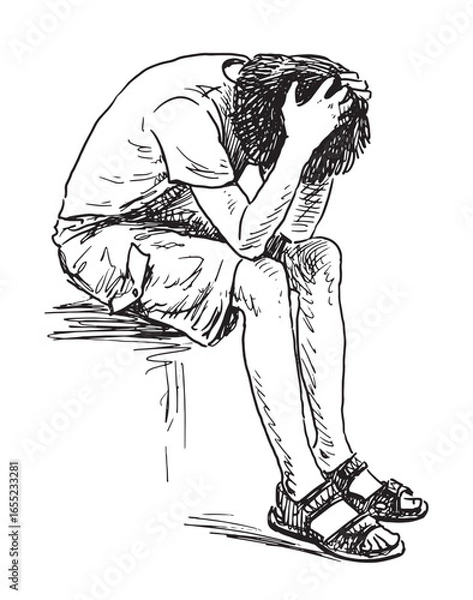 Fototapeta One young man sitting in despair, realistic sketch, vector hand drawing,  white background