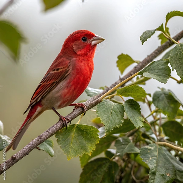 Fototapeta focus selective shot of a small red bird sitting o