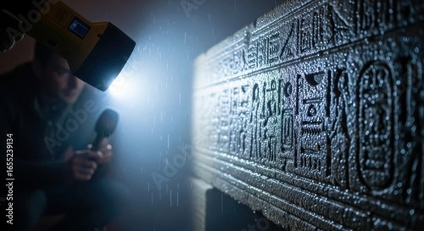 Fototapeta Archaeologist examining ancient egyptian hieroglyphs with flashlight in dark setting