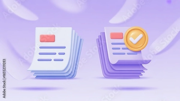 Fototapeta Stylized stack of documents with a checkmark for verification or approval process in a 3D rendering on a subtle purple background suitable for business presentations