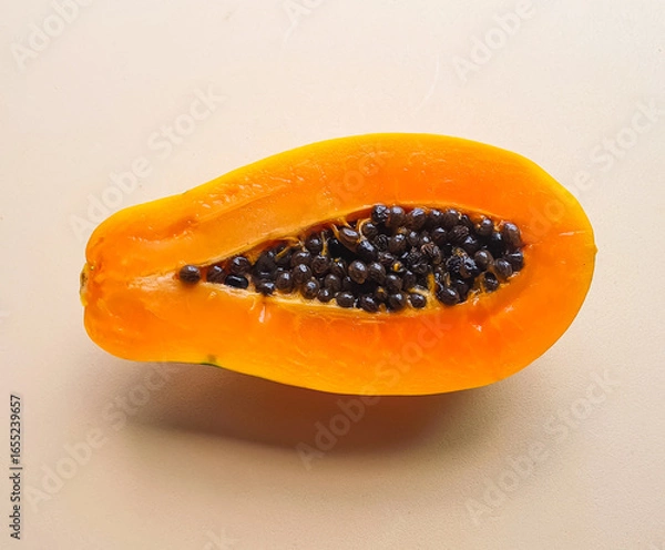 Fototapeta open papaya with seeds on a light beige background