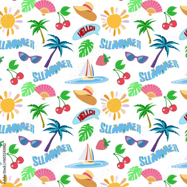 Fototapeta Seamless pattern with sun, palm trees, hat, glasses, fan, fruits and yacht on summer theme