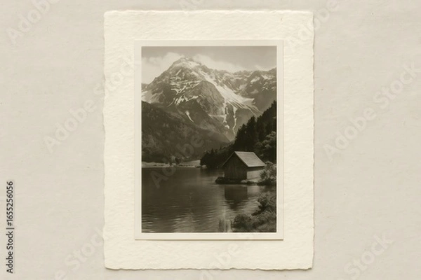 Fototapeta Black and white vintage photo showing boathouse reflecting on alpine lake with snowy mountain in background, mounted on textured handmade paper