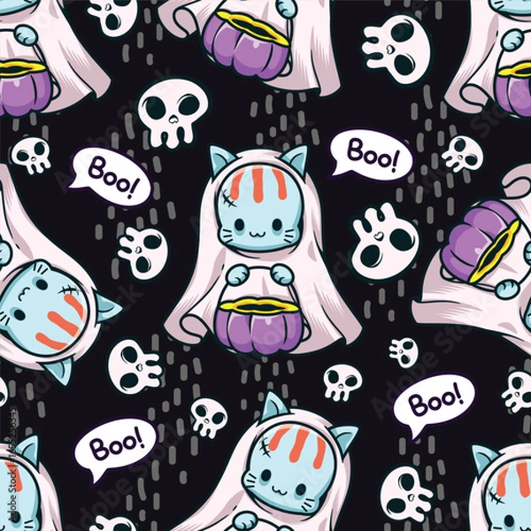Fototapeta Seamless pattern cartoon of little ghost cat holding a pumpkin and skull on Halloween. Cute cartoon character style. Suitable for wrapping paper, wallpaper and fashion prints.