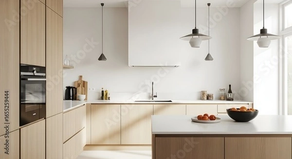 Fototapeta Minimalist Scandinavian Kitchen Interior with Wooden Cabinets