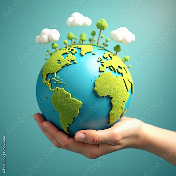 Fototapeta A Hand Holding a Miniature Earth Surrounded by Greenery and Clouds, Symbolizing Environmental Care and Sustainability