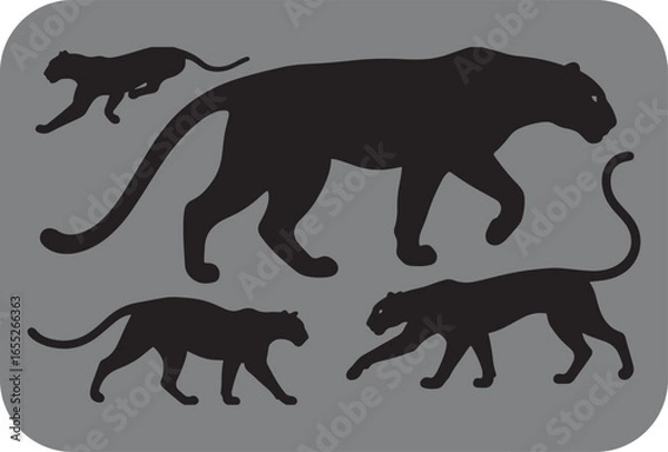 Fototapeta Silhouette of a majestic adult panther leading its three playful cubs across a gray background showcasing family and wild nature