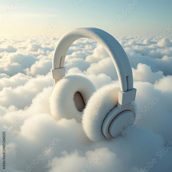 Fototapeta Soft White Headphones Resting on Fluffy Clouds in a Serene Sky Setting
