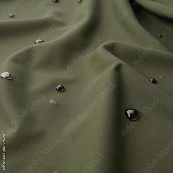 Fototapeta Close-up of Water Droplets on Olive Green Fabric, Showcasing Texture and Material Quality in a Soft, Natural Setting