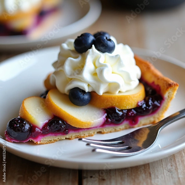 Fototapeta Delicious Blueberry Peach Pie Slice with Whipped Cream Topping on a Rustic Table Setting
