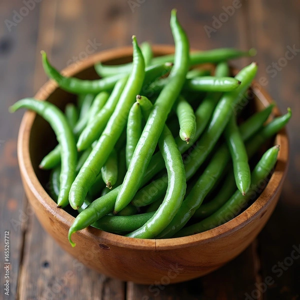 Fototapeta Fresh Green Beans in a Wooden Bowl on Rustic Table, Perfect for Healthy Meals and Cooking Ideas