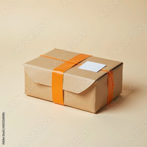 Fototapeta Brown gift box with orange ribbon and blank tag on a soft beige background, perfect for celebrations and special occasions.