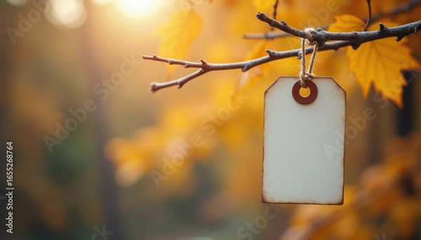 Fototapeta Blank Tag Hanging from Branch in Autumn Forest with Golden Leaves and Soft Sunlight