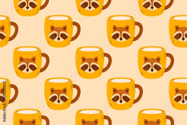 Fototapeta Seamless pattern with raccoon mugs on light beige background