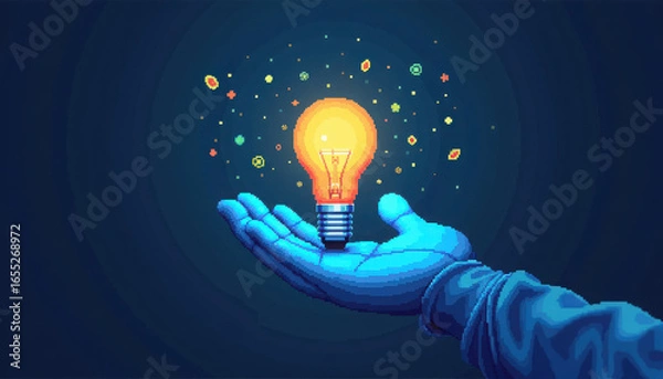 Fototapeta A glowing light bulb held in a blue hand, surrounded by colorful sparkles, symbolizing creativity and innovation in a digital art style.