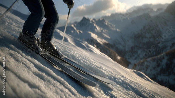Fototapeta Close-up of a skier descending a snowy slope in winter sunlight