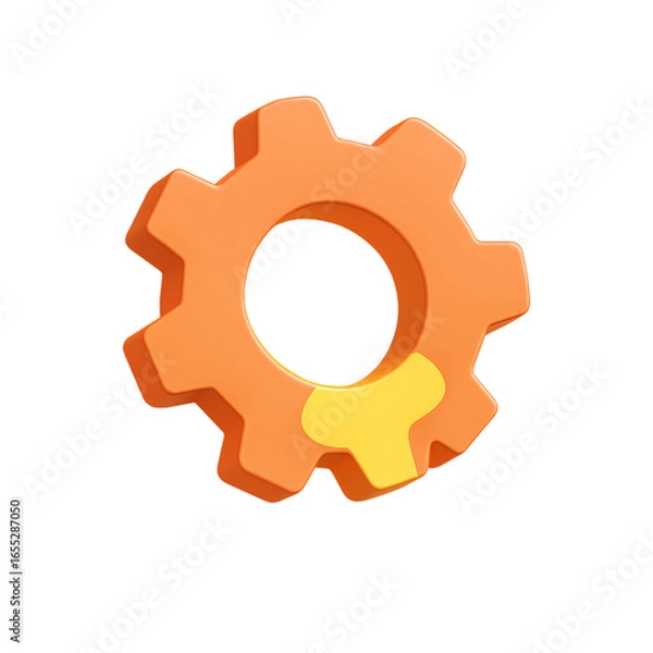 Obraz A 3d orange gear with yellow accent, isolated on transparent background, representing settings, technology, and mechanical processes in design