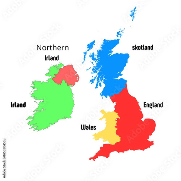 Fototapeta Vector isolated the UK map of Great Britain and Northern Ireland. Silhouette map of Scotland, England, Wales, Northern Ireland, Ireland. The United Kingdom map with names of countries.