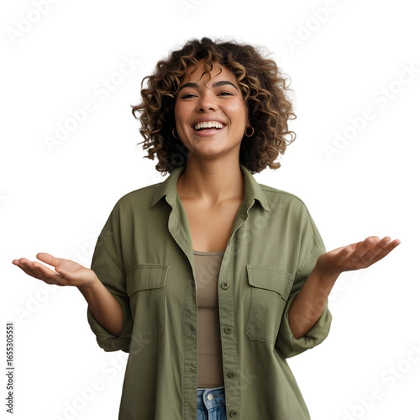Fototapeta Joyful young woman with curly hair presenting ideas with open hands in a bright, positive setting.