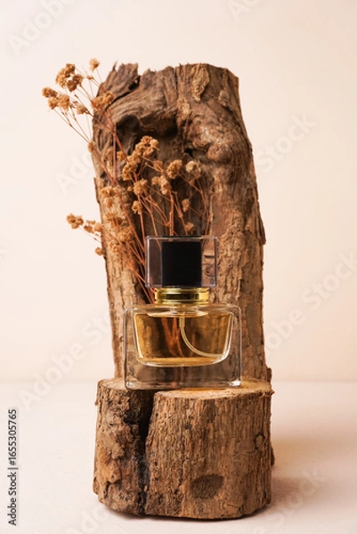 Obraz Perfume bottle mockup with wooden background