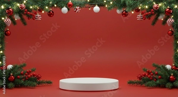 Fototapeta Festive showcase with a round podium against a red backdrop framed by Christmas ornaments and lit garland, creating a cozy and inviting scene.