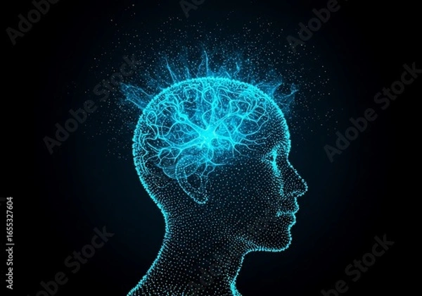 Fototapeta Glowing Cyan Brain Energy Abstract Head Profile
