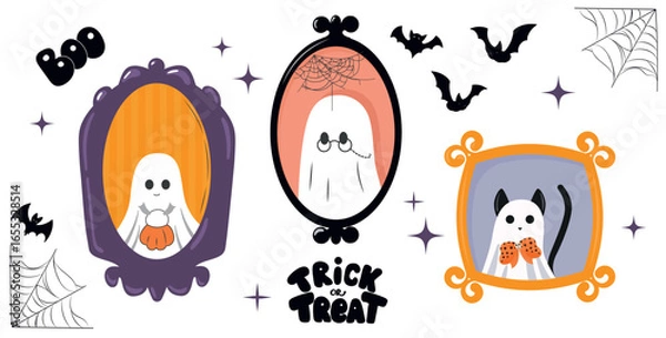 Fototapeta Cute Halloween Ghosts and Cat in Frames. Spooky Trendy Cartoon Illustration. Cute Halloween ghosts and a cat as a ghost in decorative frames with bats, spider webs, and Trick or Treat lettering.