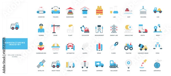 Fototapeta Modern flat icons for manufacturing, industry, construction, and technology projects perfect for infographics, presentations, and web design isolated on white background vector illustration