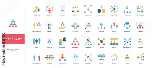 Fototapeta Flat style organization chart icons set showing business roles, teamwork, management, workflow, and hierarchy concepts, each labeled with job titles isolated vector illustration